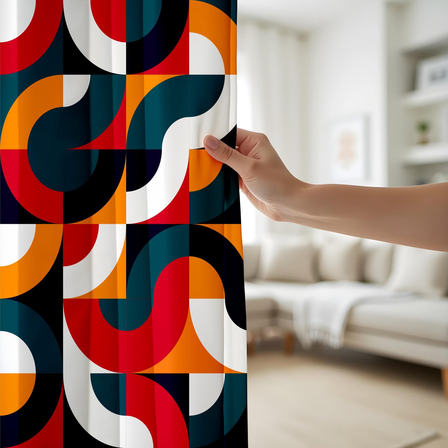 Modern Geometric Living Room Curtains, Bold Retro Pattern Drapes