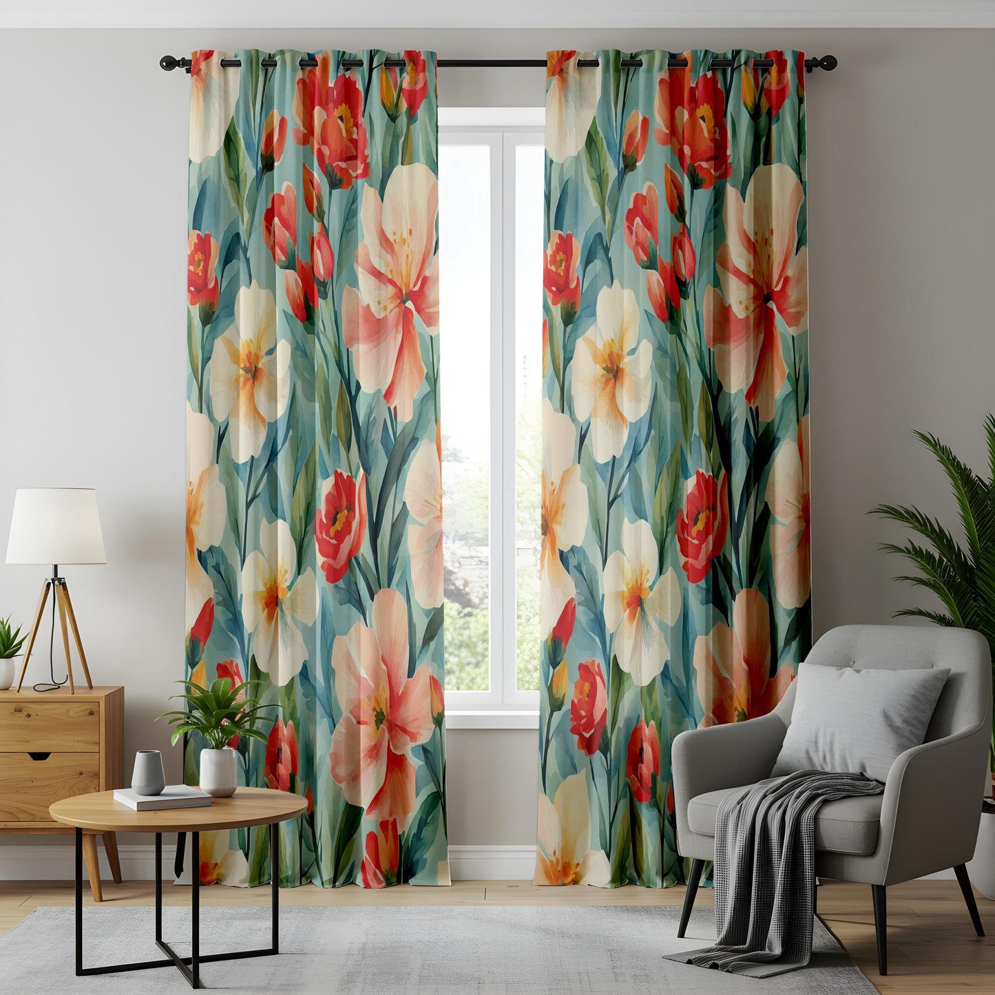 Watercolor Floral Living Room Curtains, Bold Tropical Flowers in Red and Peach