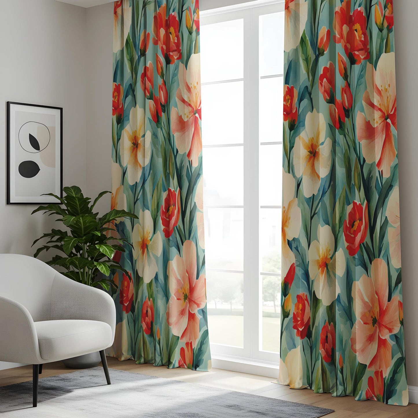 Watercolor Floral Living Room Curtains, Bold Tropical Flowers in Red and Peach