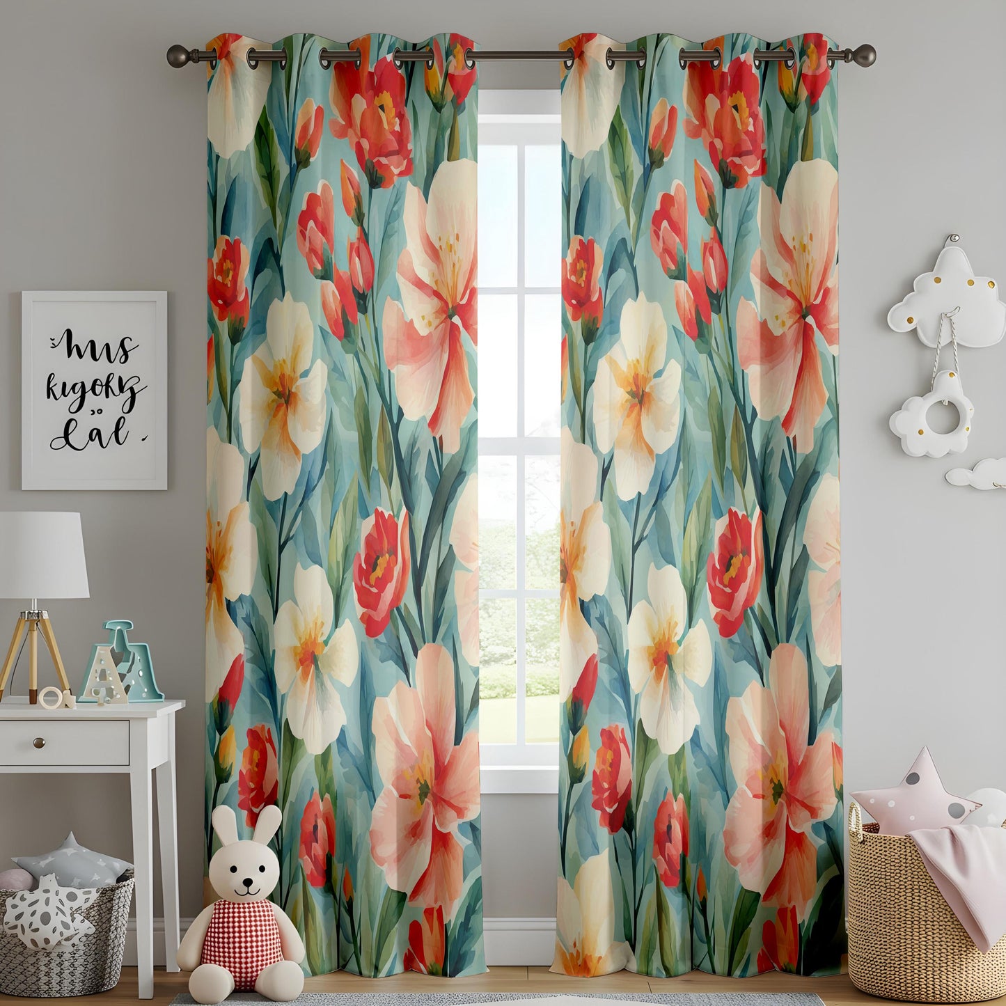 Watercolor Floral Living Room Curtains, Bold Tropical Flowers in Red and Peach