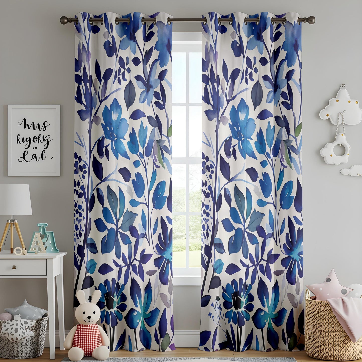 Blue Floral Living Room Curtains, Watercolor Botanical Drapes, Navy and Indigo Flower