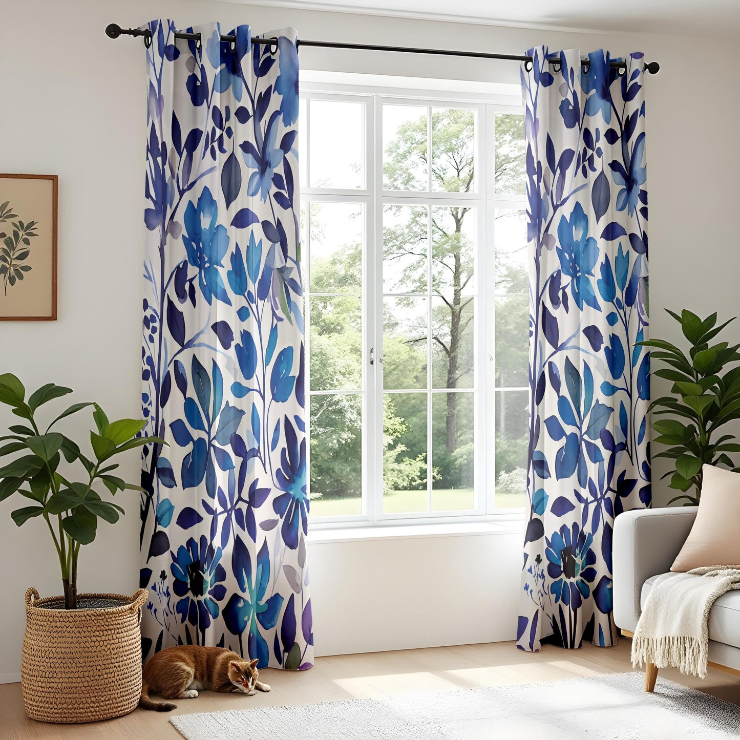 Blue Floral Living Room Curtains, Watercolor Botanical Drapes, Navy and Indigo Flower