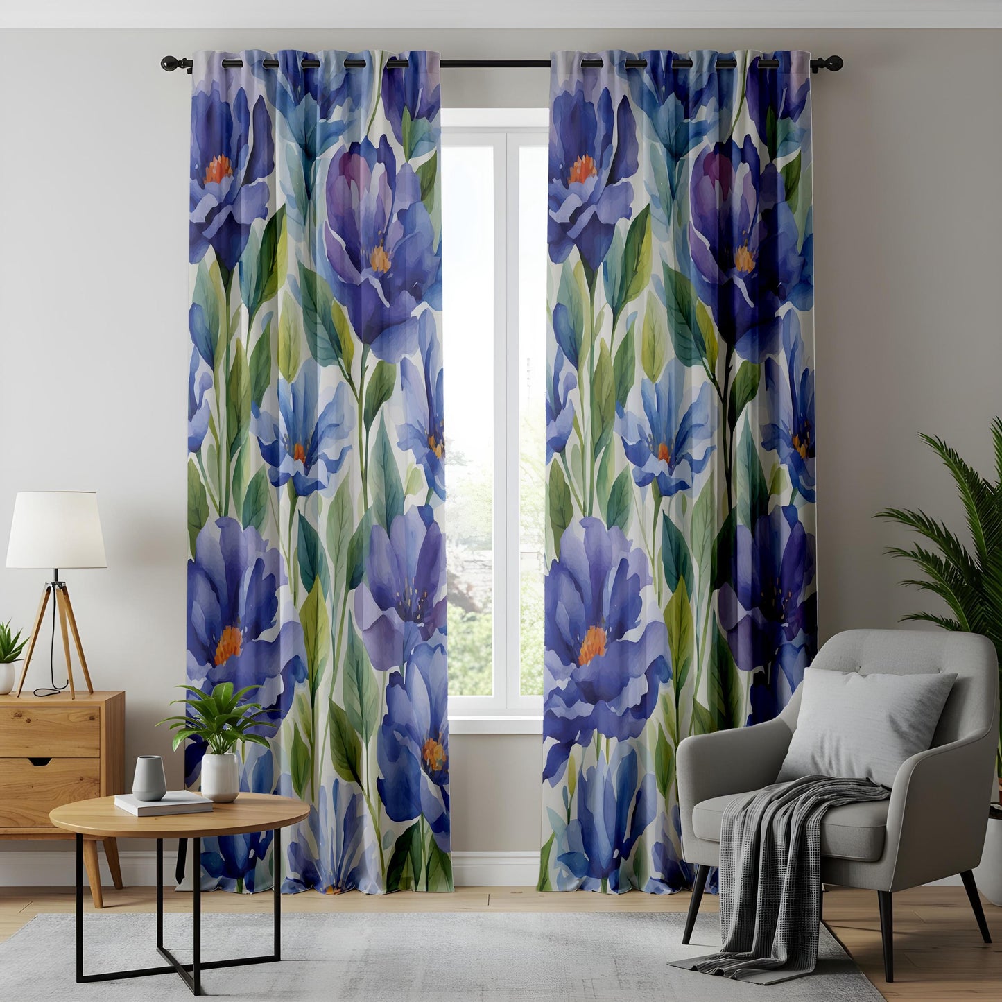 Blue Violet Floral Living Room Curtains, Watercolor Peony Inspired Drapes
