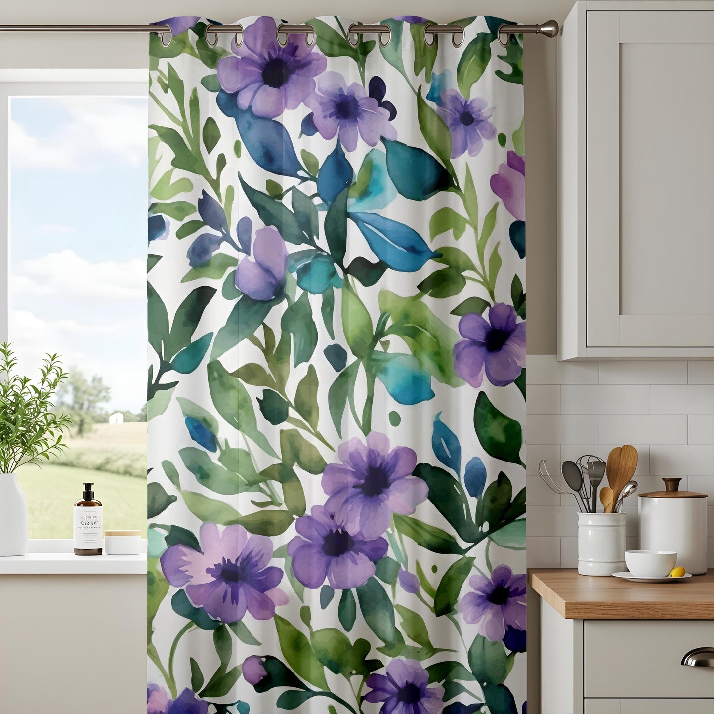Purple Floral Living Room Curtains, Watercolor Garden Drapes