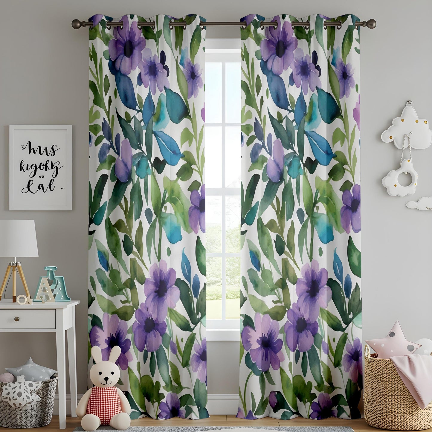 Purple Floral Living Room Curtains, Watercolor Garden Drapes
