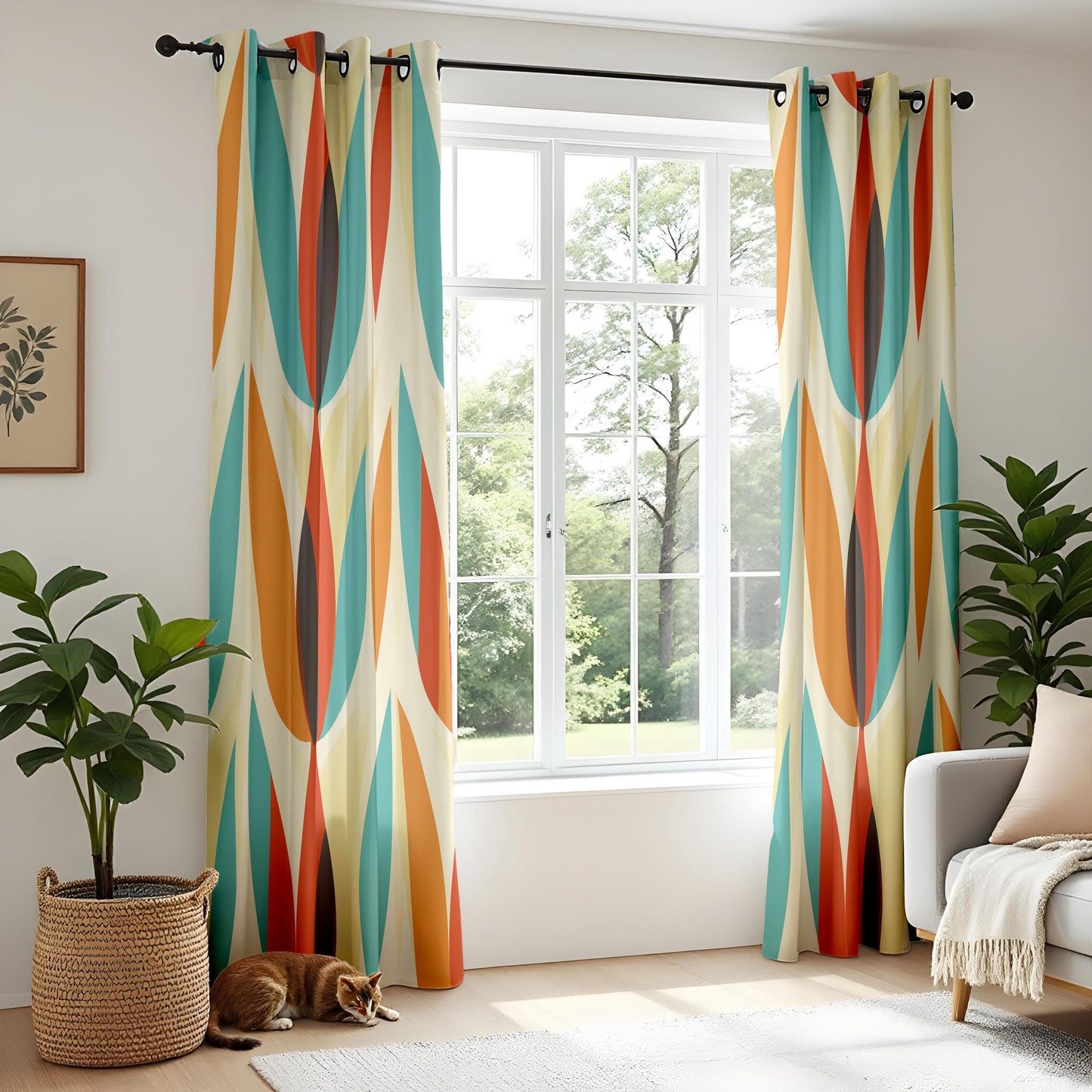 Retro Living Room Curtains, Mid-Century Drapes, Orange and Teal Oval Pattern