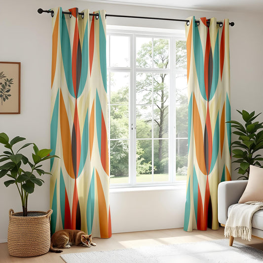 Retro Living Room Curtains, Mid-Century Drapes, Orange and Teal Oval Pattern