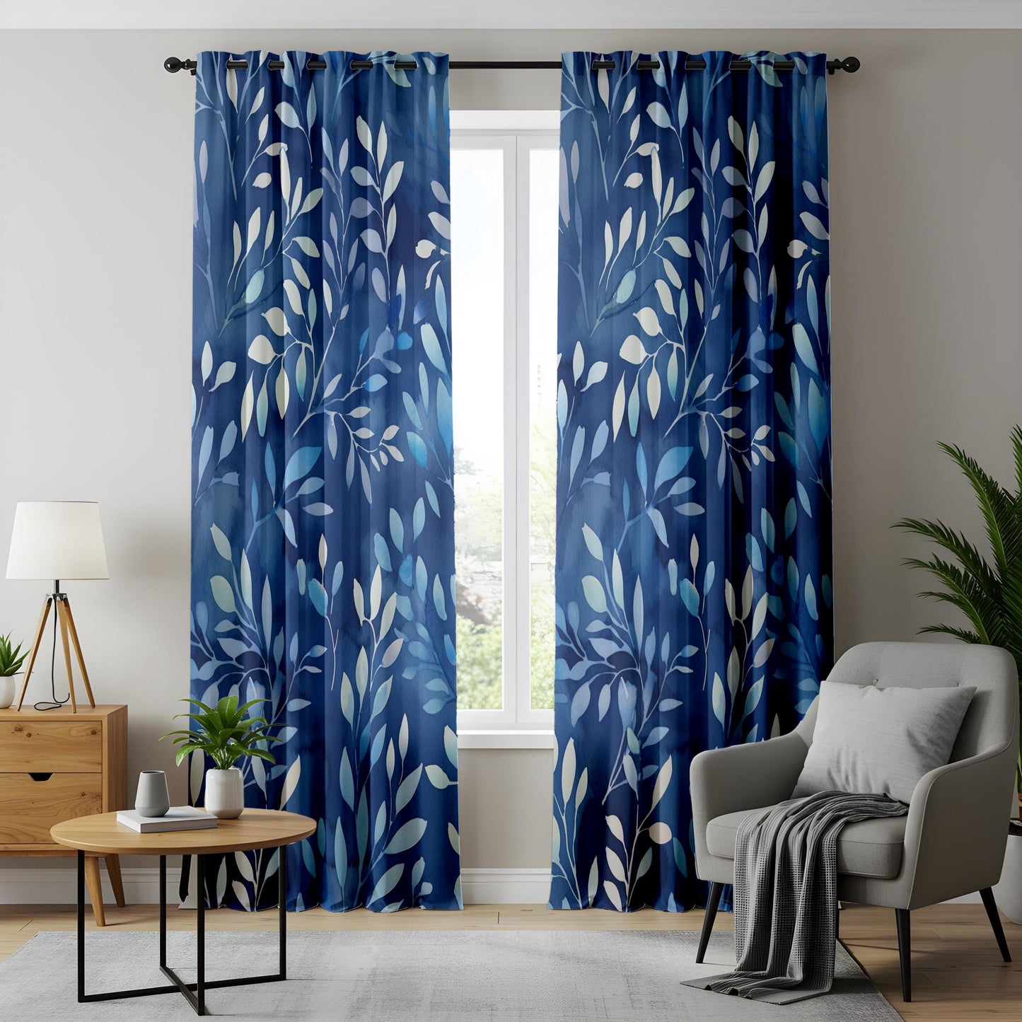 Blue Botanical Living Room Curtains, Indigo Leaf Print Drapes