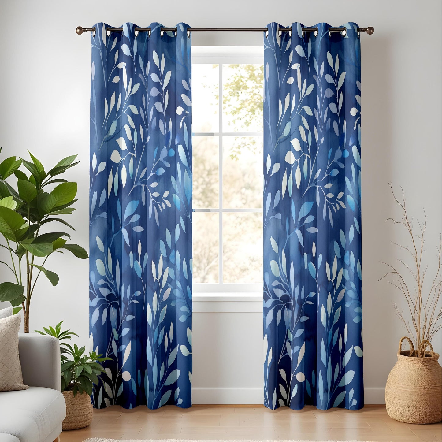 Blue Botanical Living Room Curtains, Indigo Leaf Print Drapes