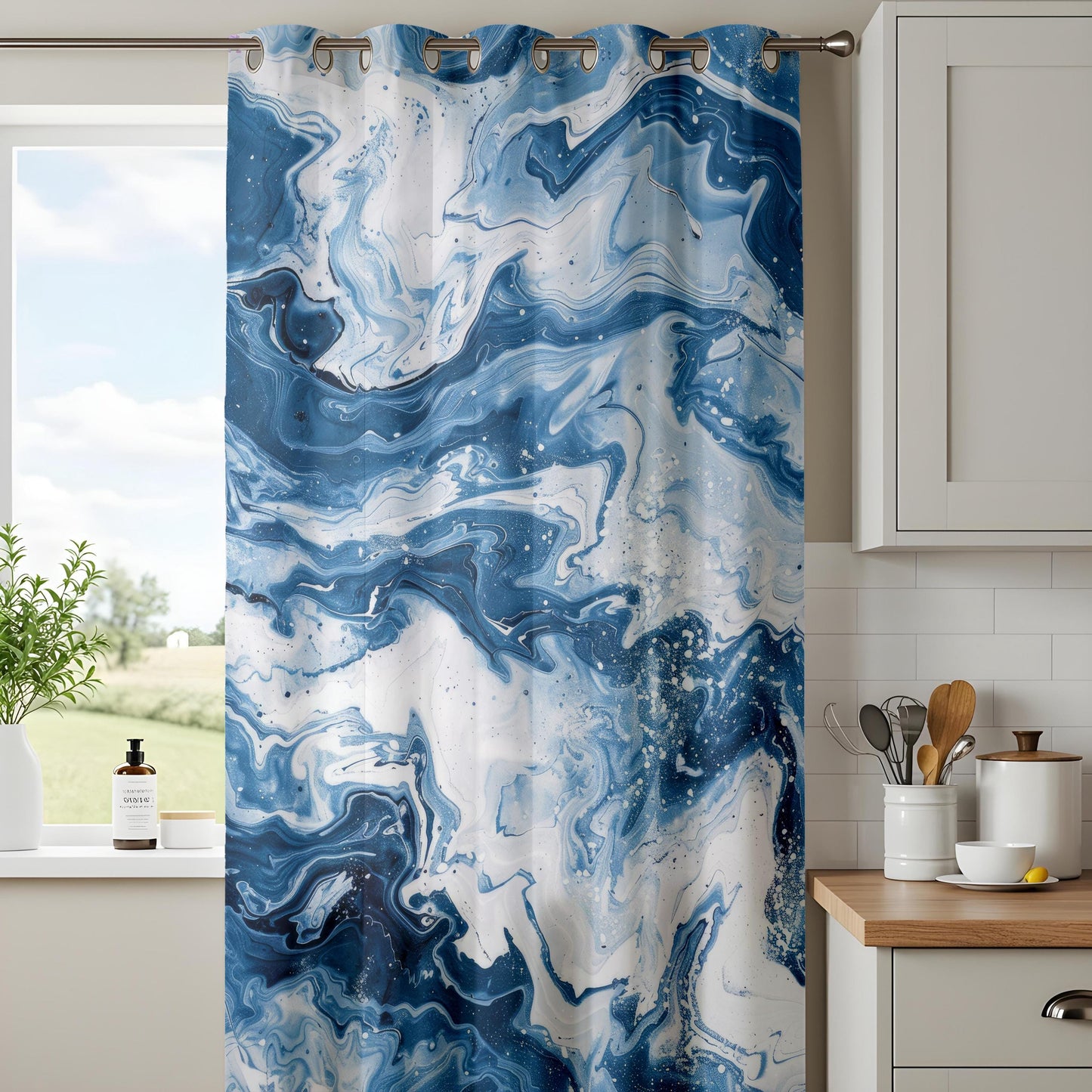 Blue Marble Abstract Living Room Curtains, Ocean Swirl Pattern Drapes