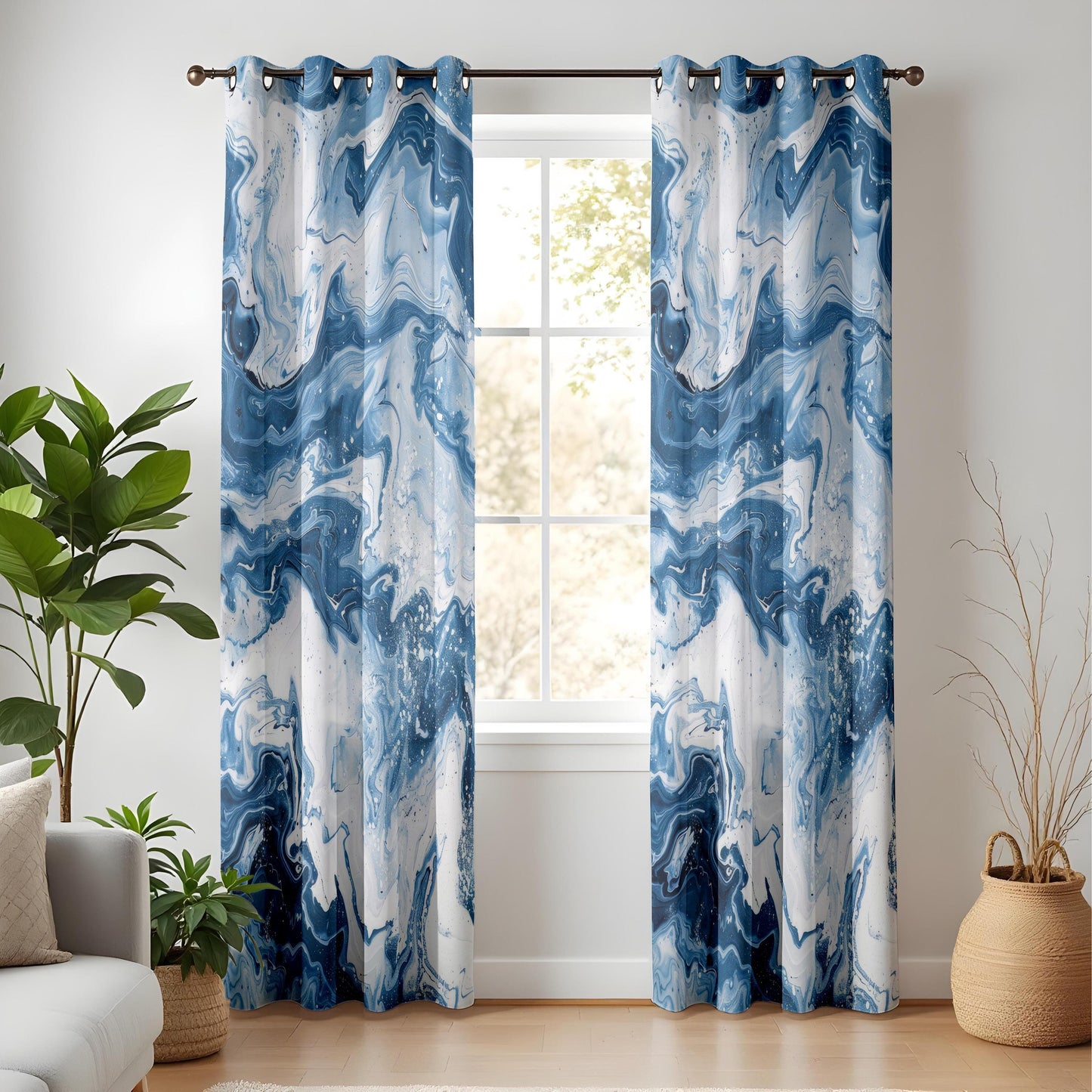Blue Marble Abstract Living Room Curtains, Ocean Swirl Pattern Drapes