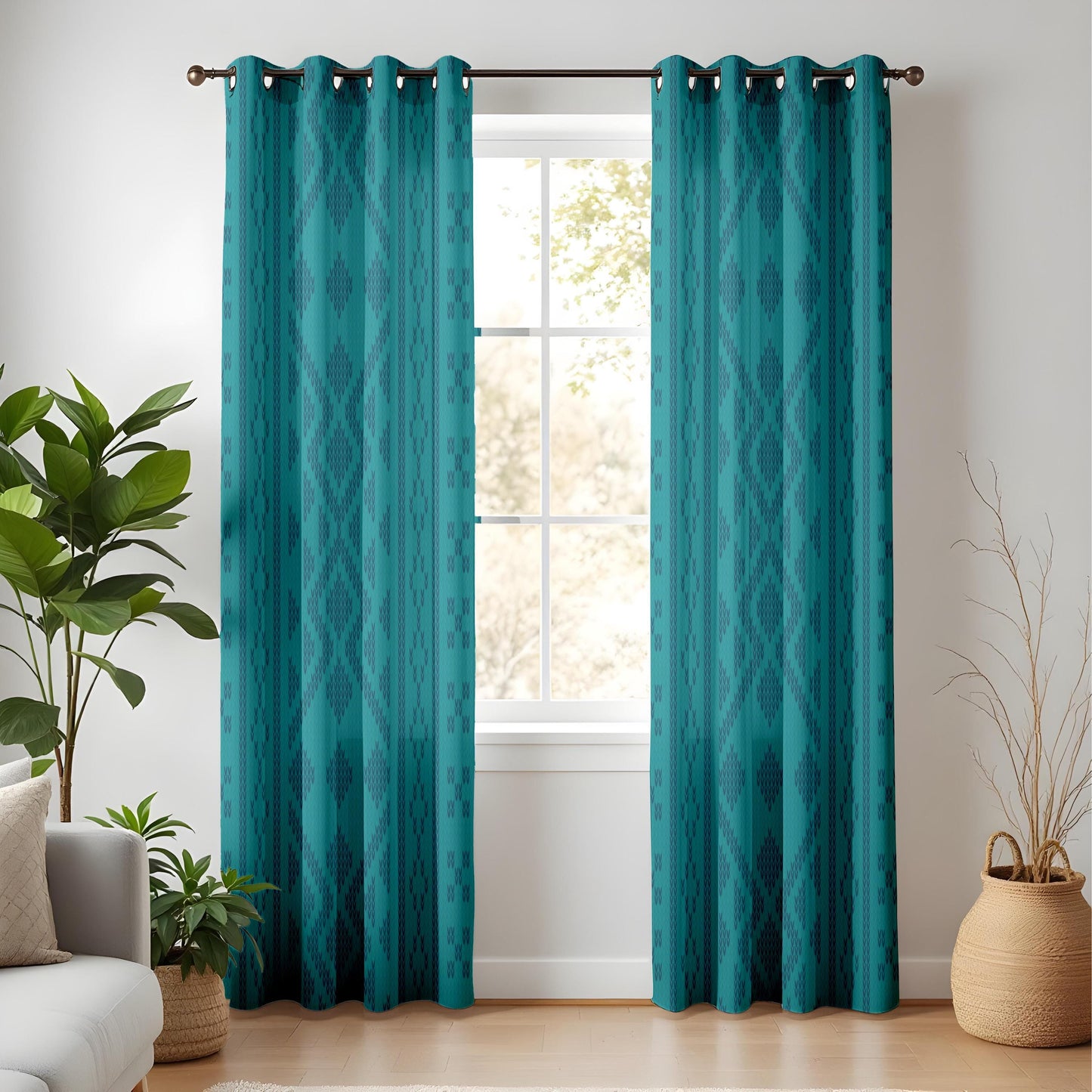 Teal Tribal Window Curtains, Modern Boho Living Room Decor
