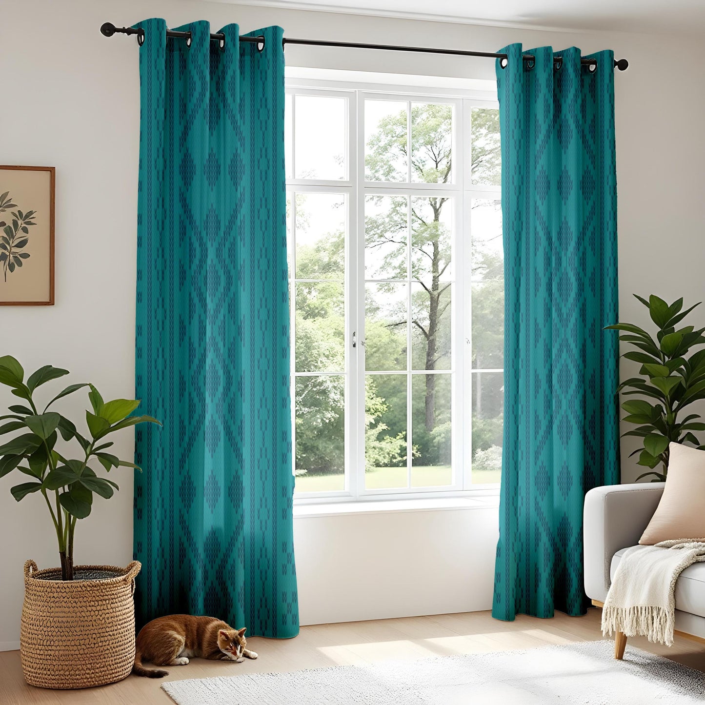 Teal Tribal Window Curtains, Modern Boho Living Room Decor