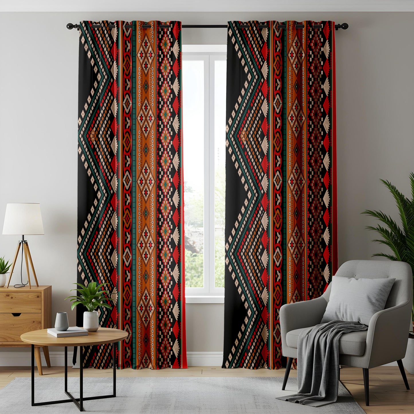 Aztec Patterned Curtains, Vibrant Red & Orange Living Room Drapes