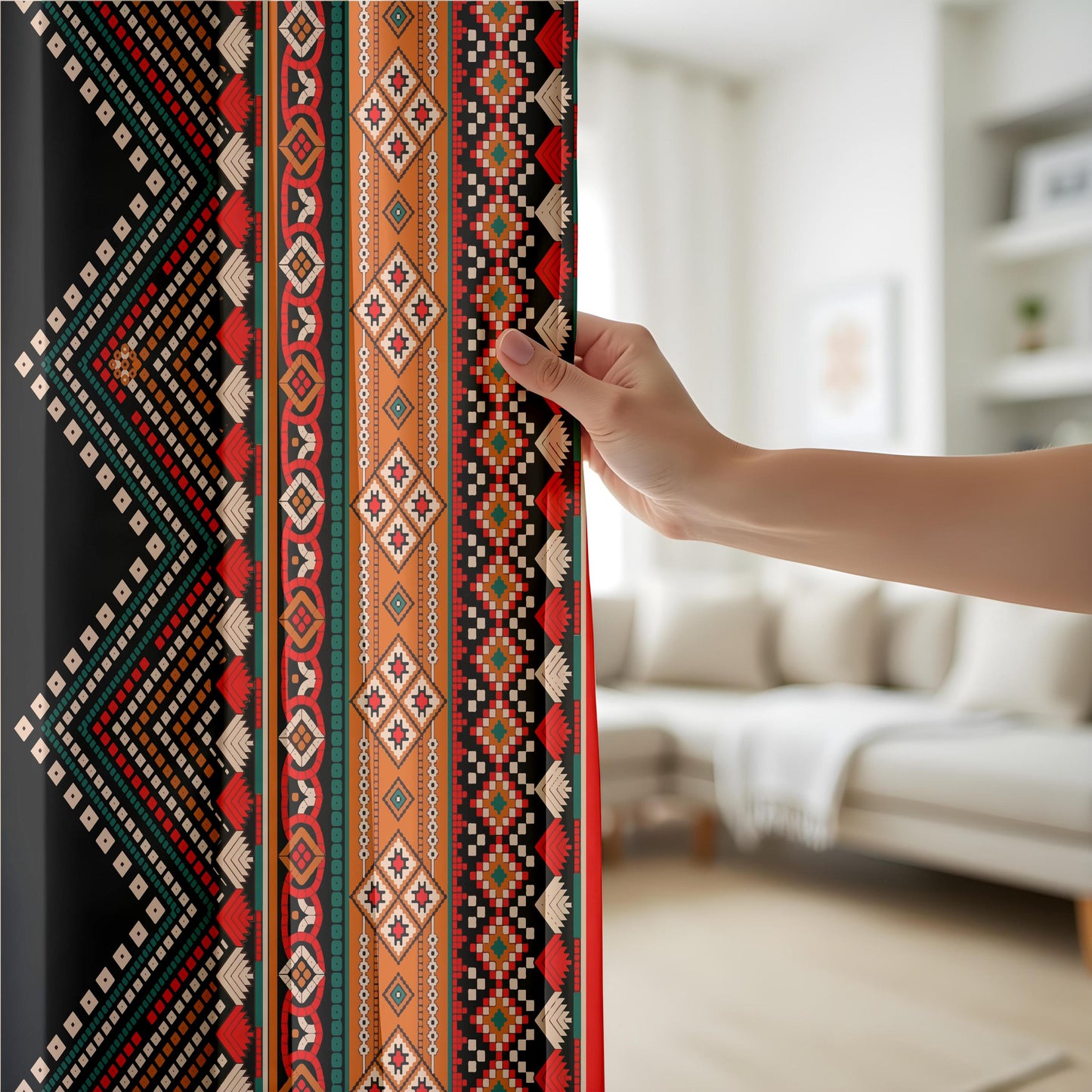 Aztec Patterned Curtains, Vibrant Red & Orange Living Room Drapes