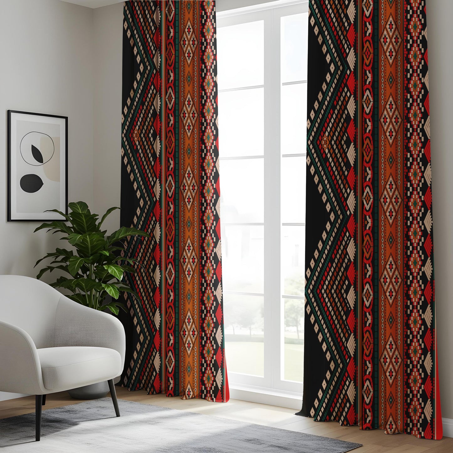 Aztec Patterned Curtains, Vibrant Red & Orange Living Room Drapes