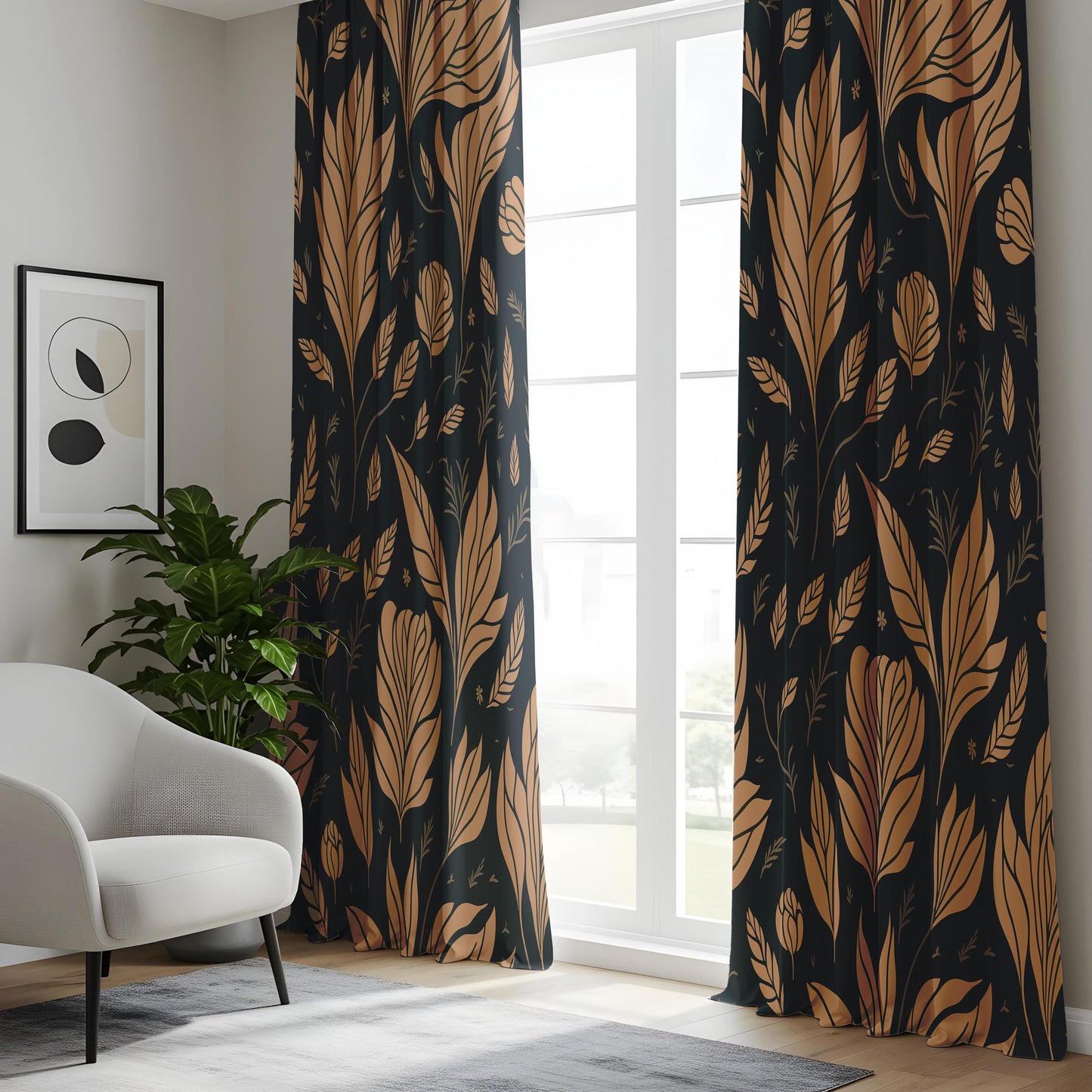 Dark Floral Curtains for Living Room, Golden Leaf Pattern Drapes