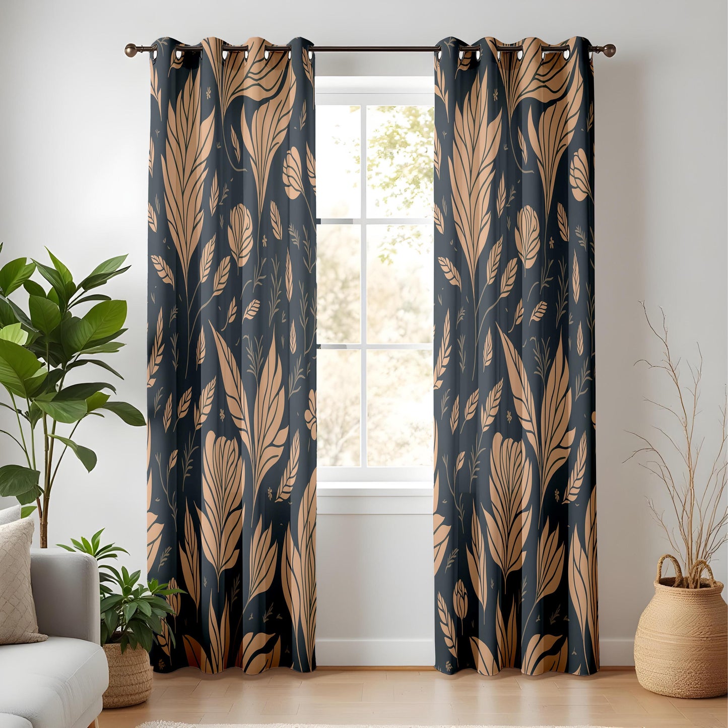 Dark Floral Curtains for Living Room, Golden Leaf Pattern Drapes