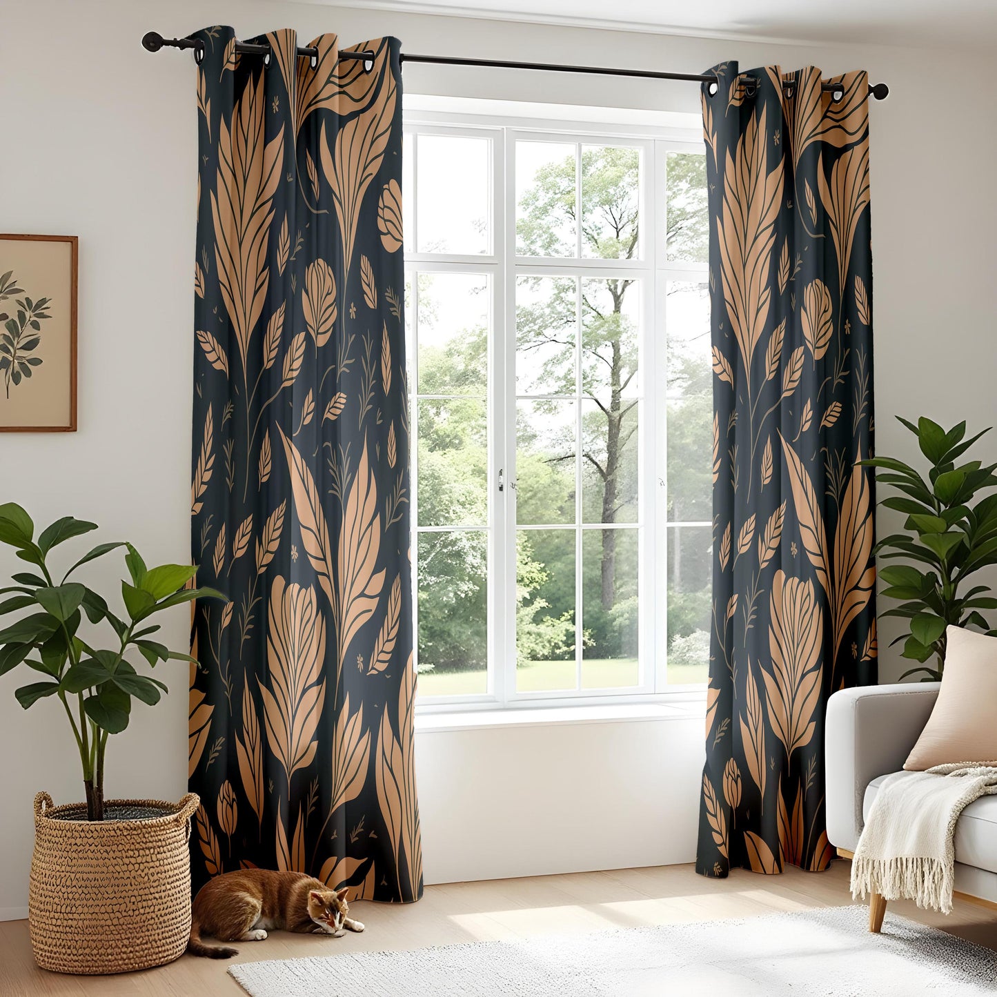 Dark Floral Curtains for Living Room, Golden Leaf Pattern Drapes