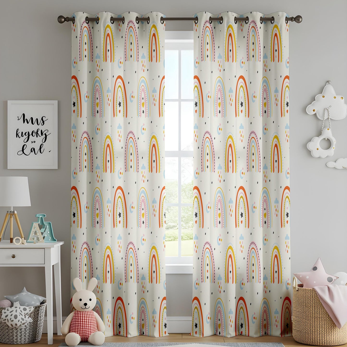 Scandi Rainbow Curtains – Pastel Cloud & Star Nursery Drapes