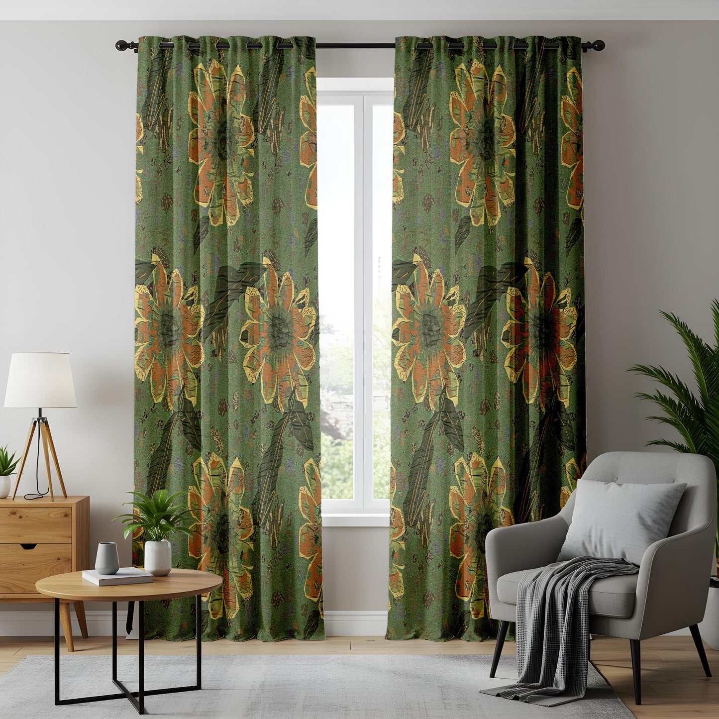 Rustic Sunflower Curtains – Vintage Green Fall Floral Drapes