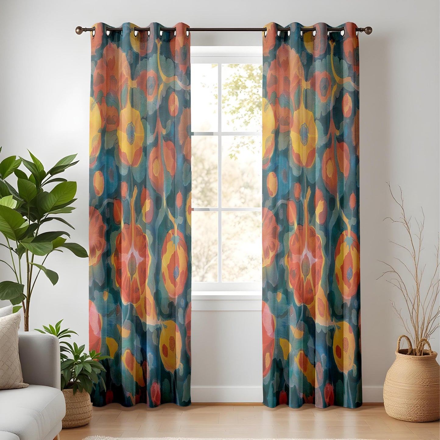 Watercolor Floral Curtains – Teal Abstract Botanical Drapes