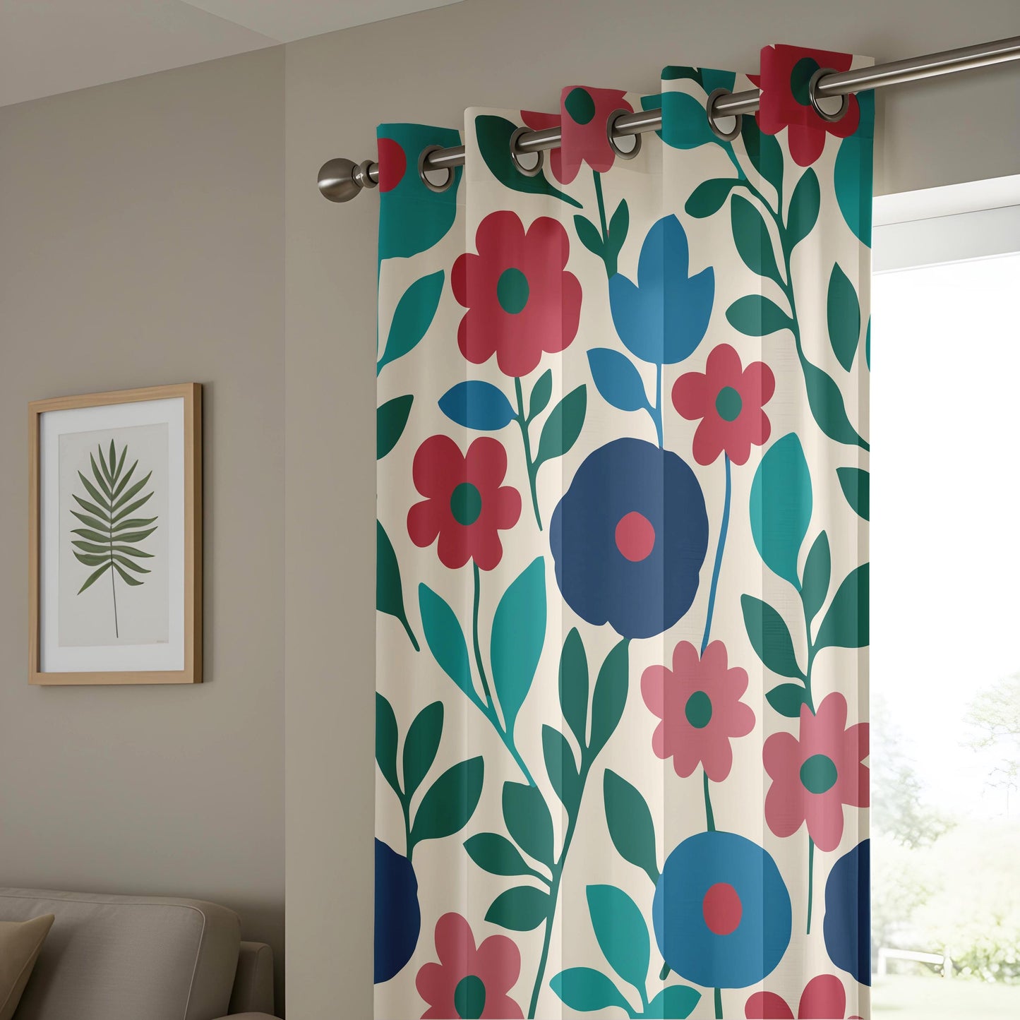 Charming Floral Curtains, Vibrant Red and Blue Flower Patterns
