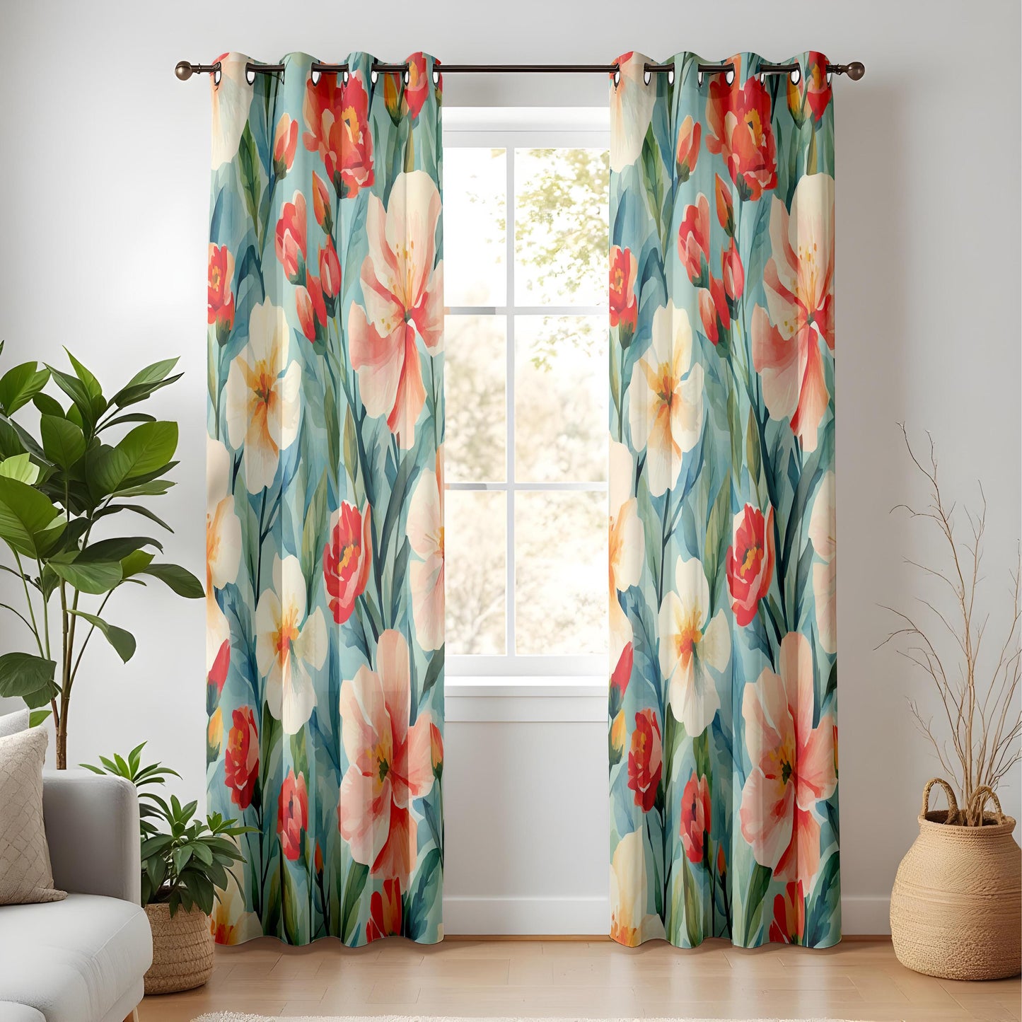 Watercolor Floral Living Room Curtains, Bold Tropical Flowers in Red and Peach