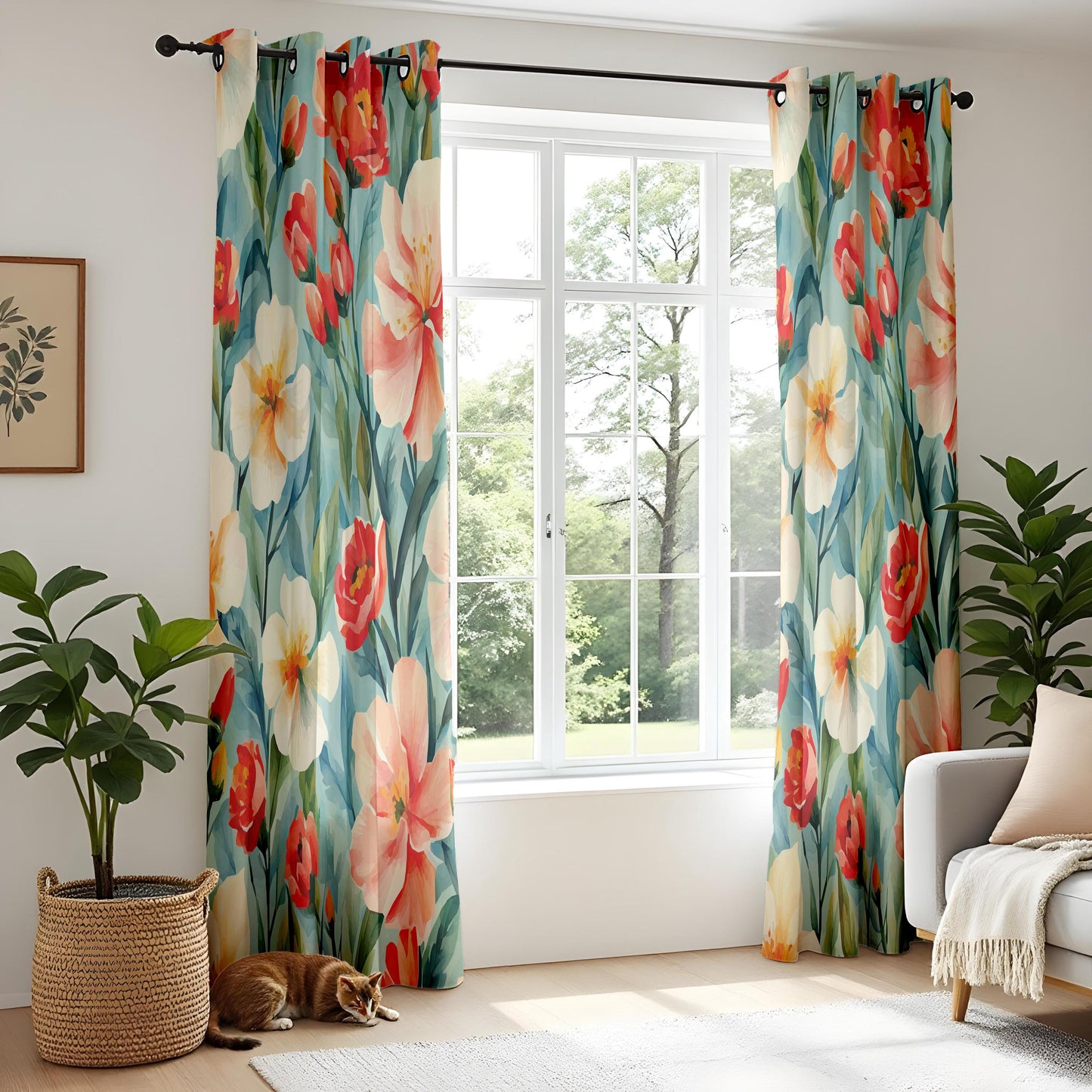 Watercolor Floral Living Room Curtains, Bold Tropical Flowers in Red and Peach