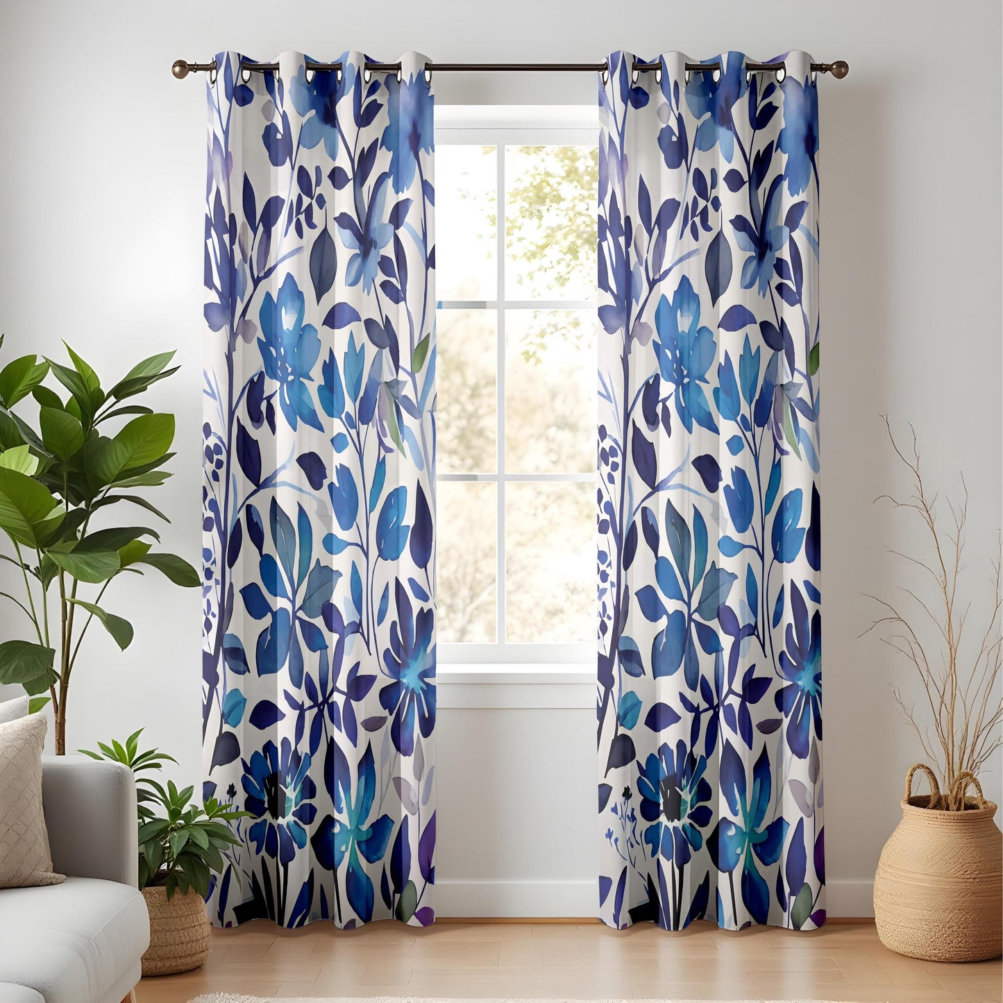 Blue Floral Living Room Curtains, Watercolor Botanical Drapes, Navy and Indigo Flower