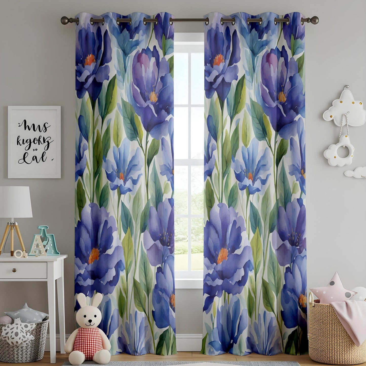 Blue Violet Floral Living Room Curtains, Watercolor Peony Inspired Drapes