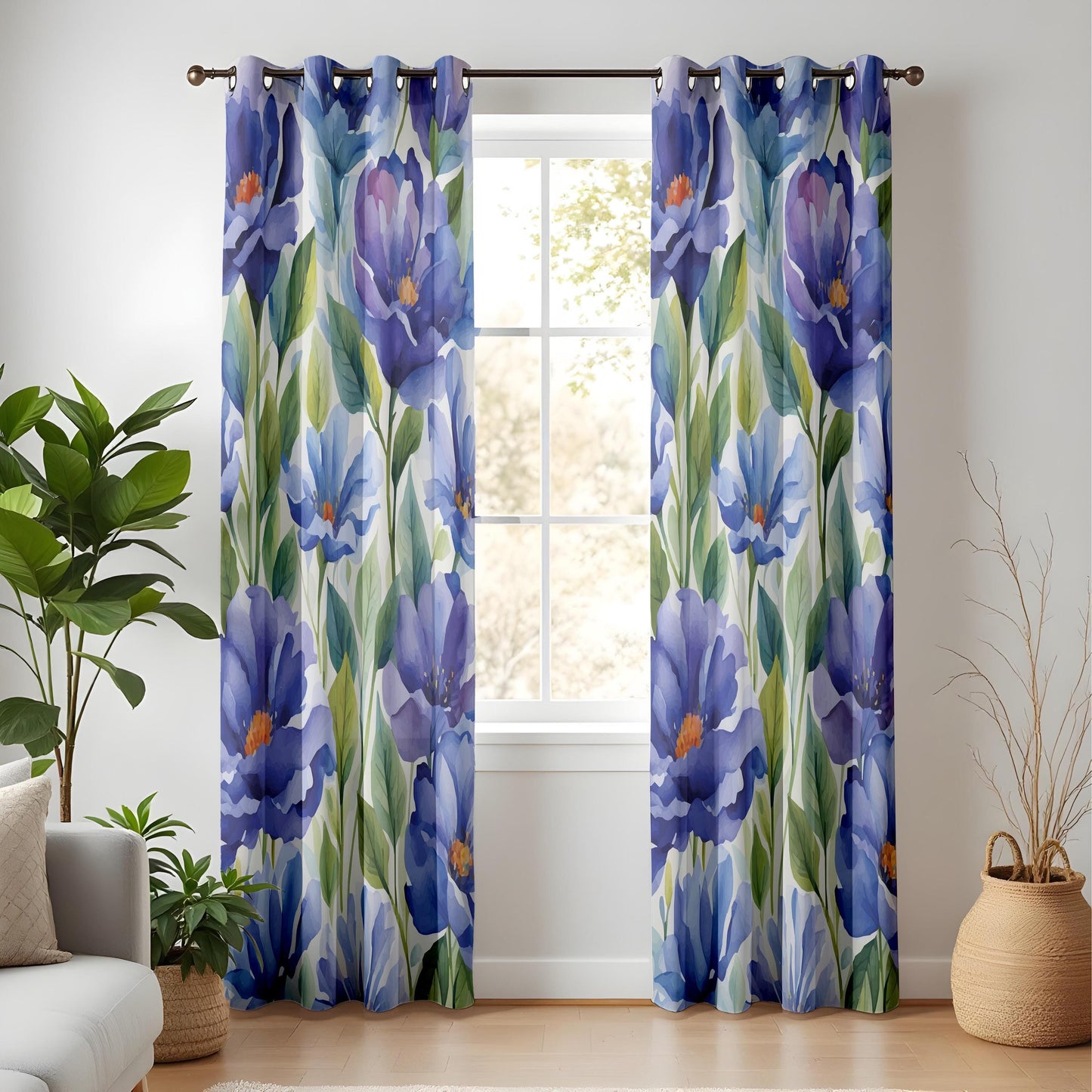 Blue Violet Floral Living Room Curtains, Watercolor Peony Inspired Drapes