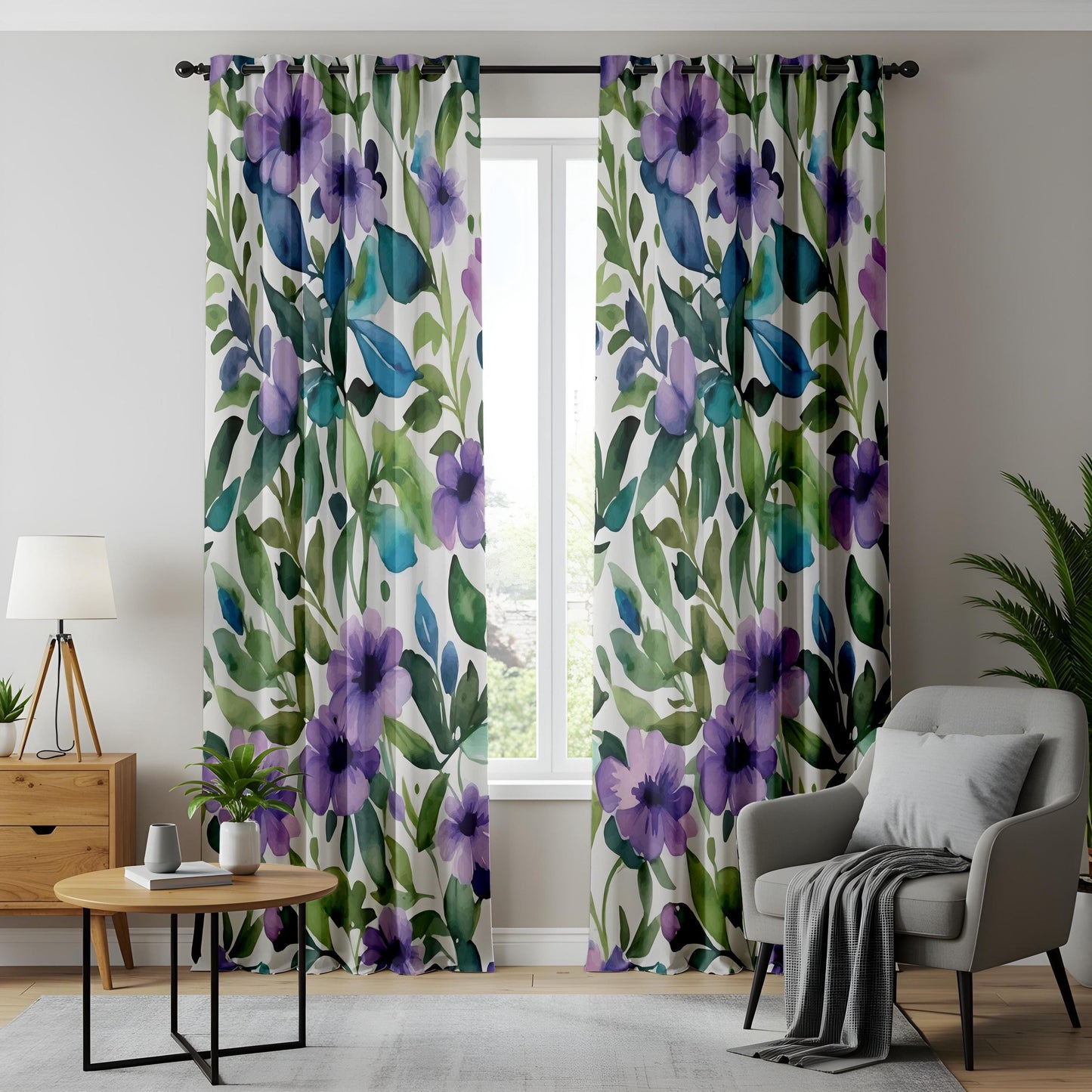 Purple Floral Living Room Curtains, Watercolor Garden Drapes