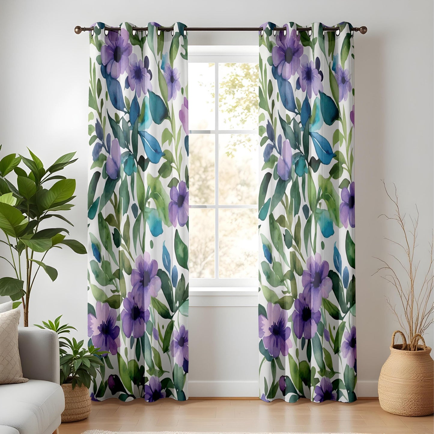 Purple Floral Living Room Curtains, Watercolor Garden Drapes