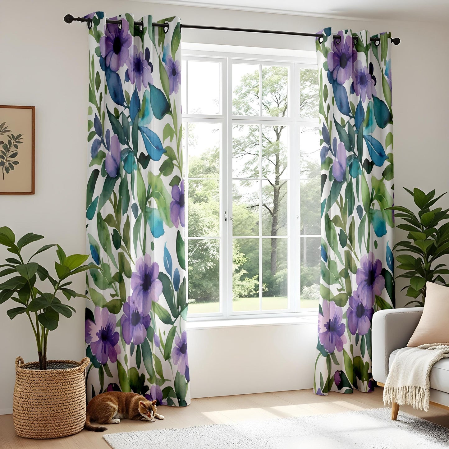 Purple Floral Living Room Curtains, Watercolor Garden Drapes