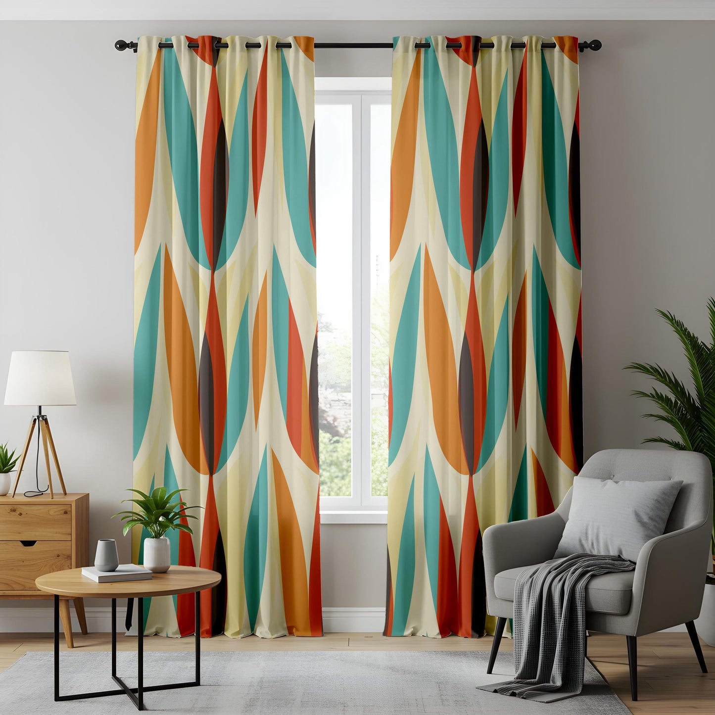 Retro Living Room Curtains, Mid-Century Drapes, Orange and Teal Oval Pattern