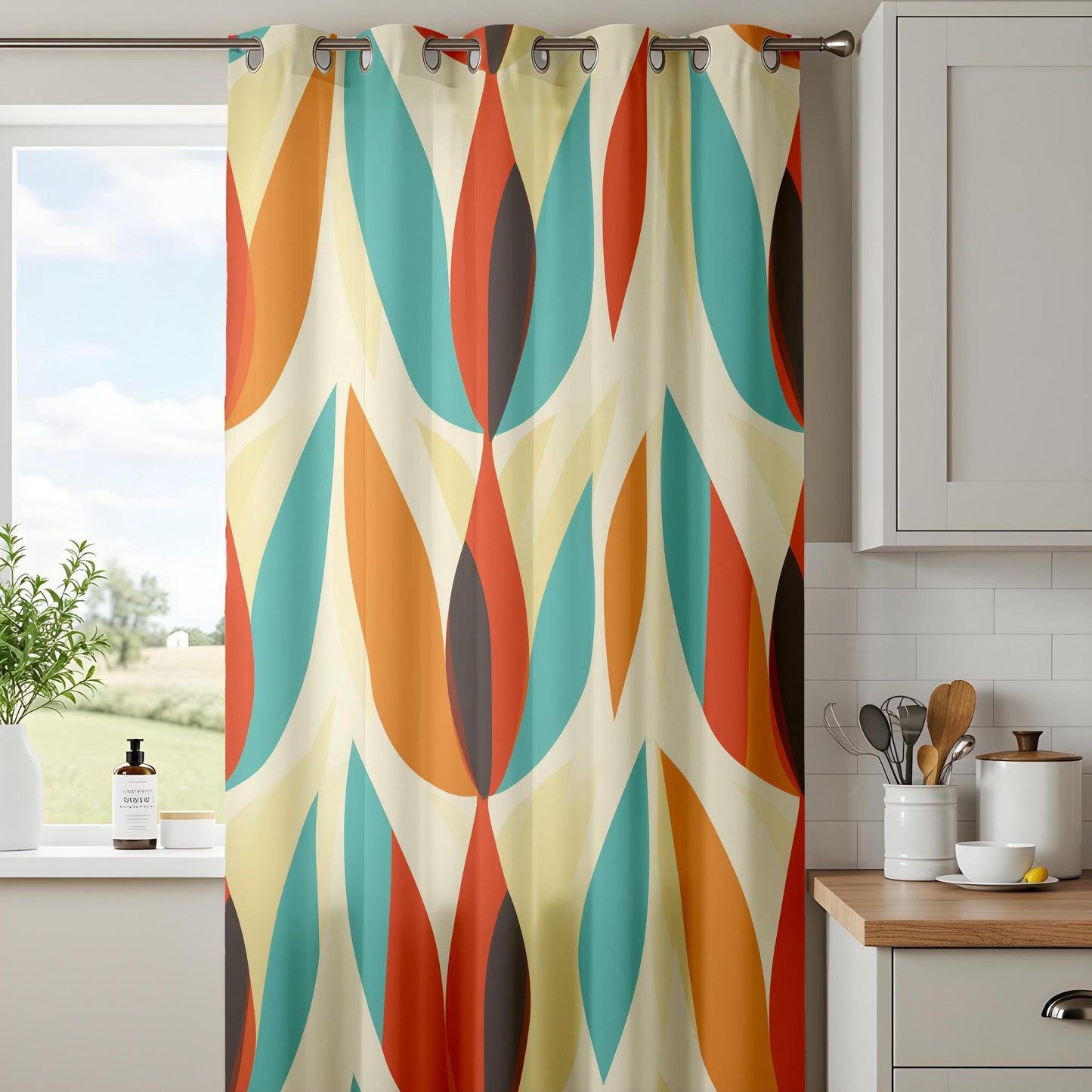 Retro Living Room Curtains, Mid-Century Drapes, Orange and Teal Oval Pattern