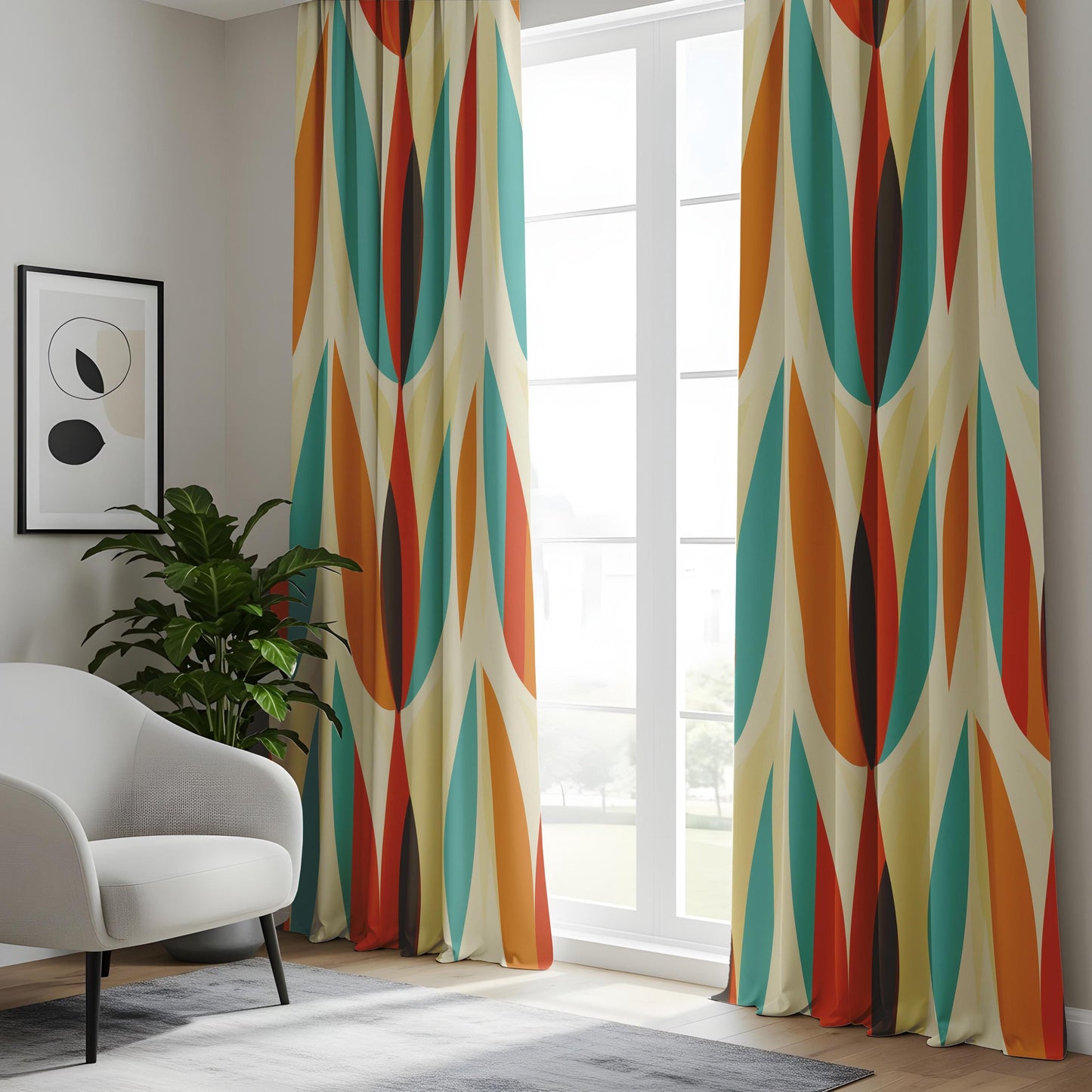 Retro Living Room Curtains, Mid-Century Drapes, Orange and Teal Oval Pattern