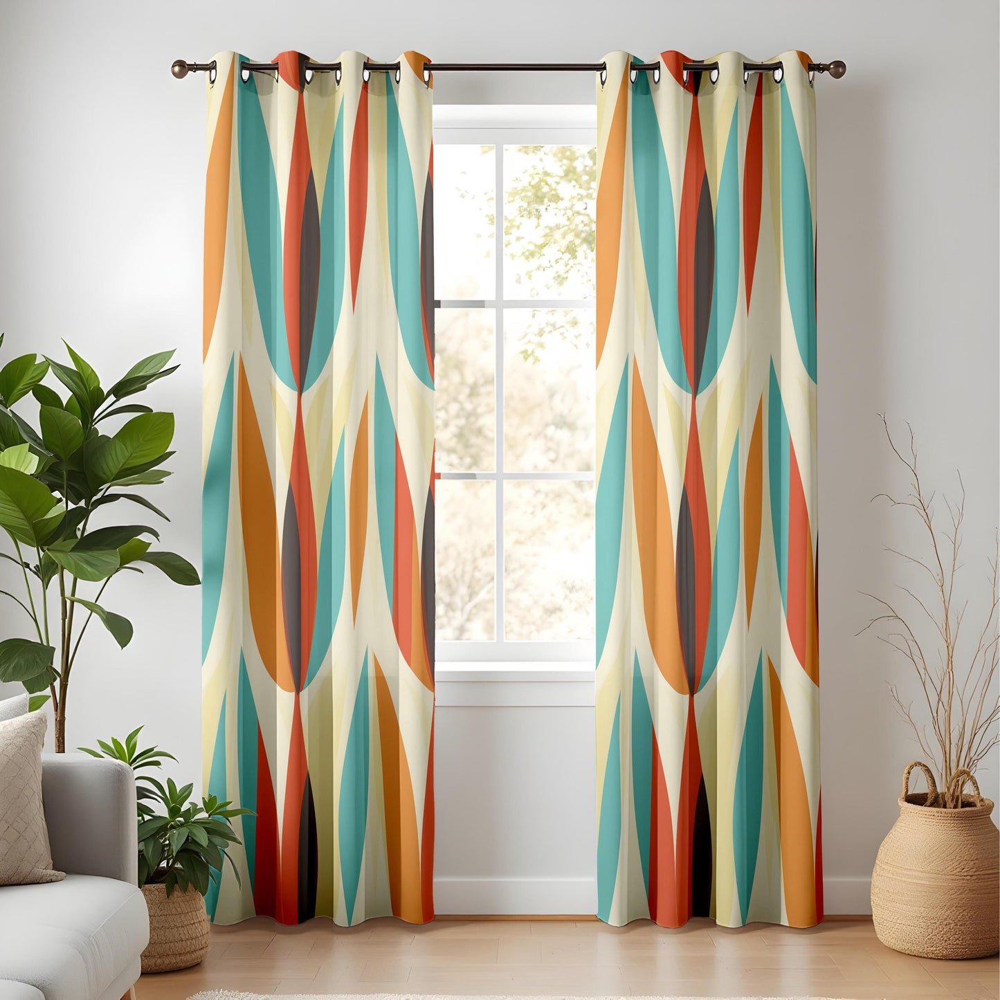 Retro Living Room Curtains, Mid-Century Drapes, Orange and Teal Oval Pattern