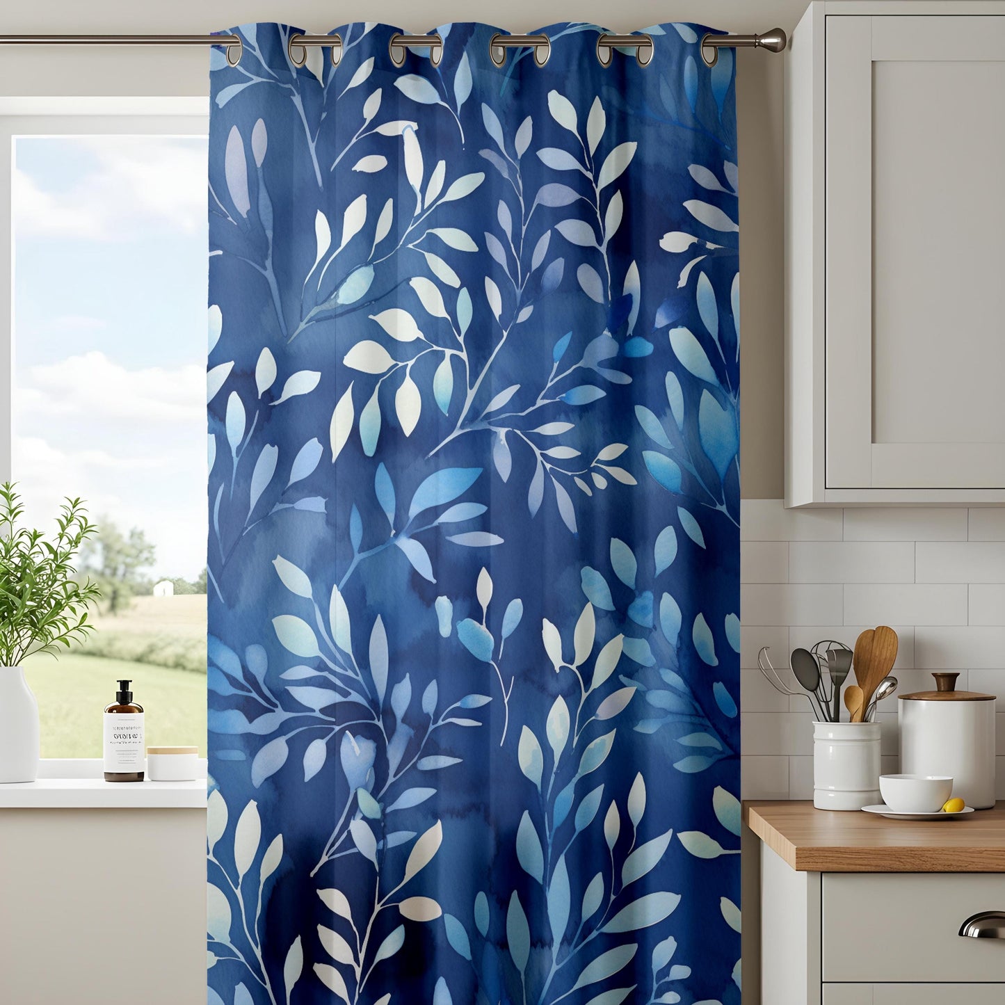 Blue Botanical Living Room Curtains, Indigo Leaf Print Drapes