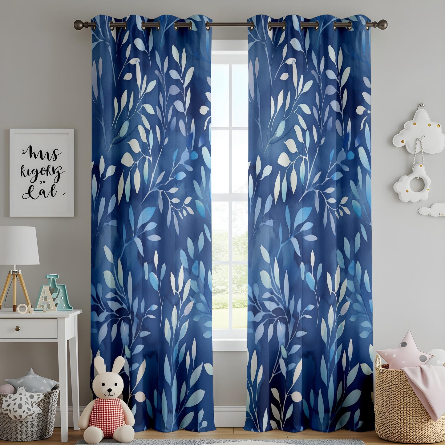Blue Botanical Living Room Curtains, Indigo Leaf Print Drapes