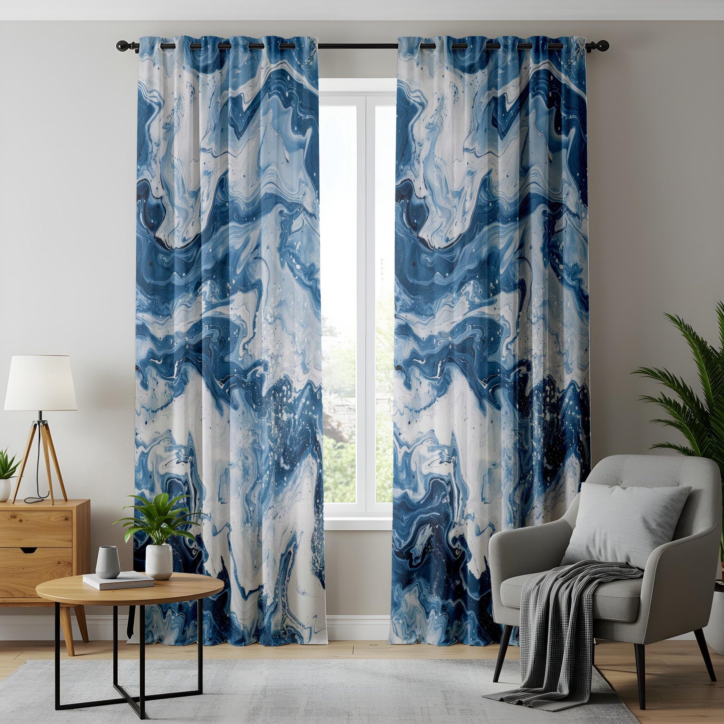 Blue Marble Abstract Living Room Curtains, Ocean Swirl Pattern Drapes