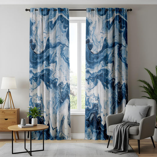 Blue Marble Abstract Living Room Curtains, Ocean Swirl Pattern Drapes
