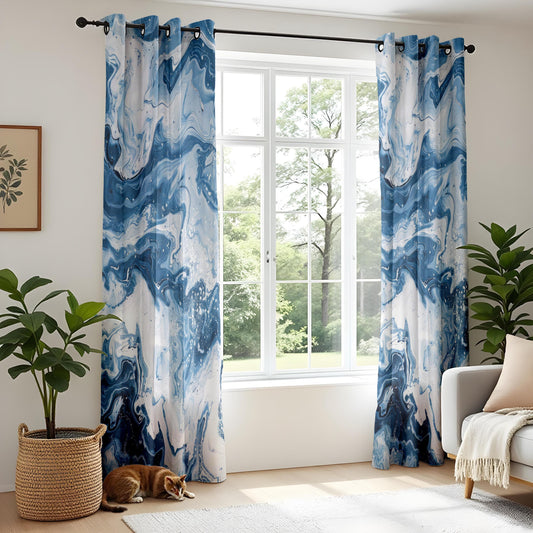 Blue Marble Abstract Living Room Curtains, Ocean Swirl Pattern Drapes