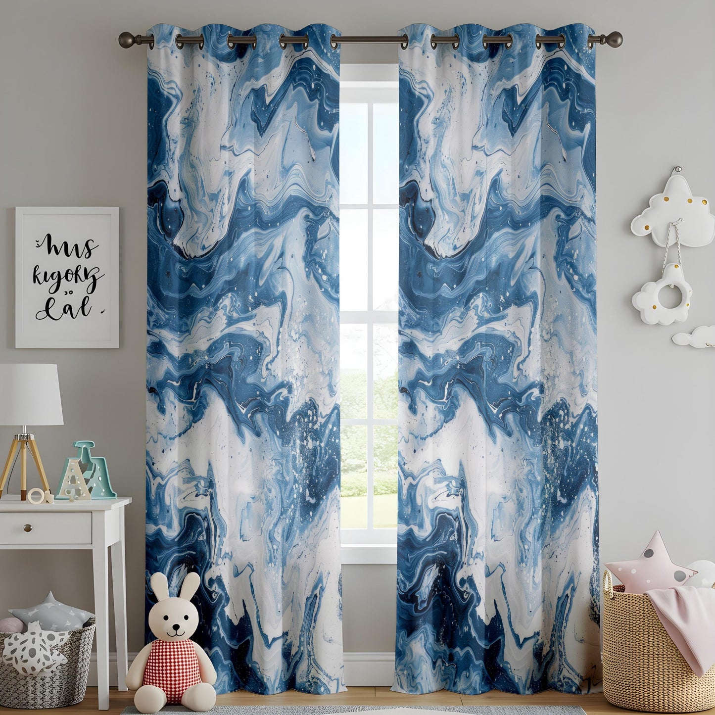 Blue Marble Abstract Living Room Curtains, Ocean Swirl Pattern Drapes