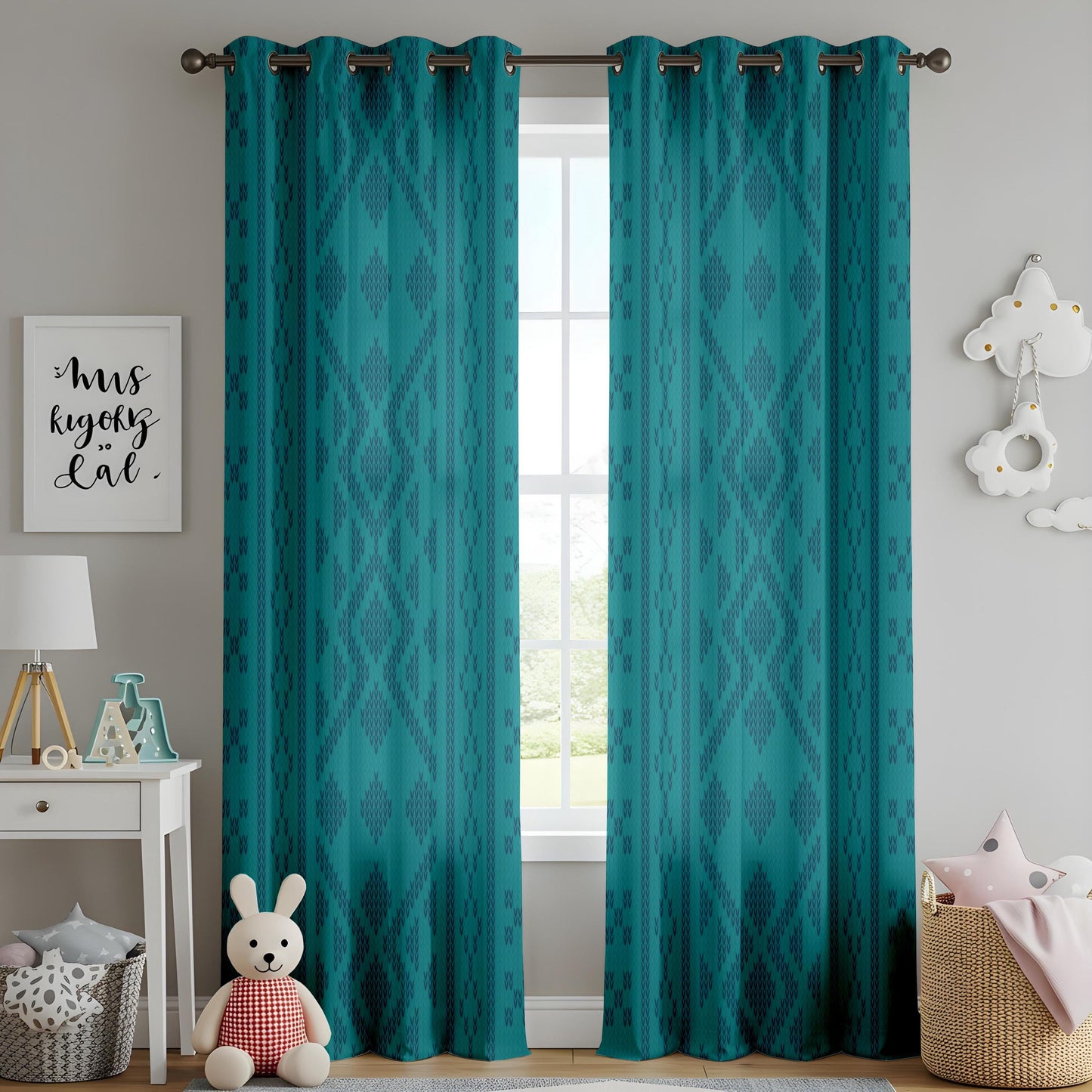 Teal Tribal Window Curtains, Modern Boho Living Room Decor