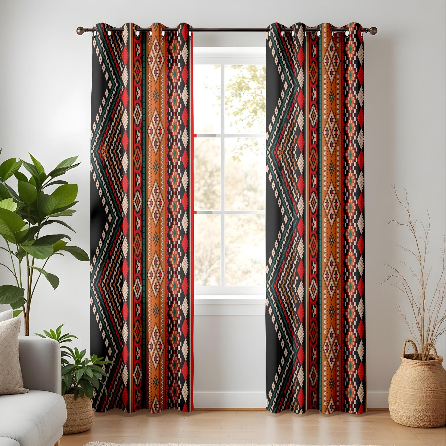 Aztec Patterned Curtains, Vibrant Red & Orange Living Room Drapes