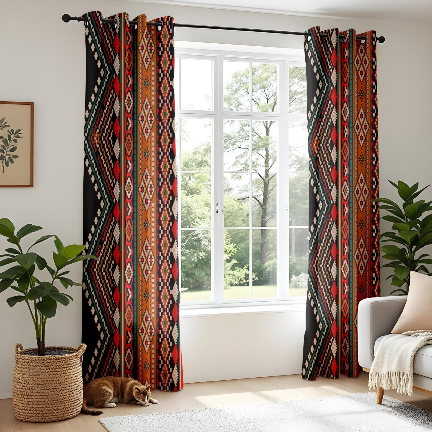 Aztec Patterned Curtains, Vibrant Red & Orange Living Room Drapes