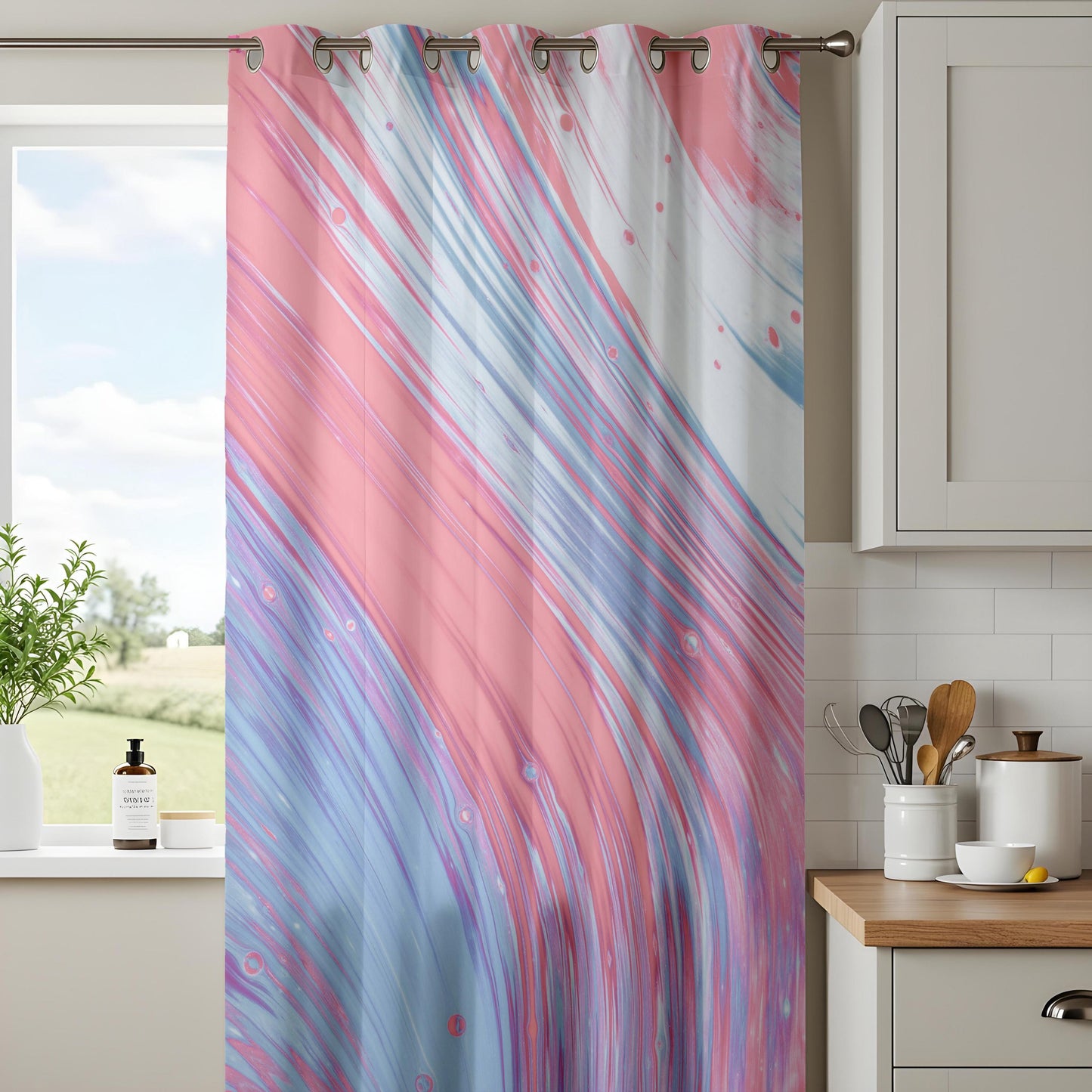 Pastel Abstract Curtains for Living Room, Pink Blue Swirl Window Drapes