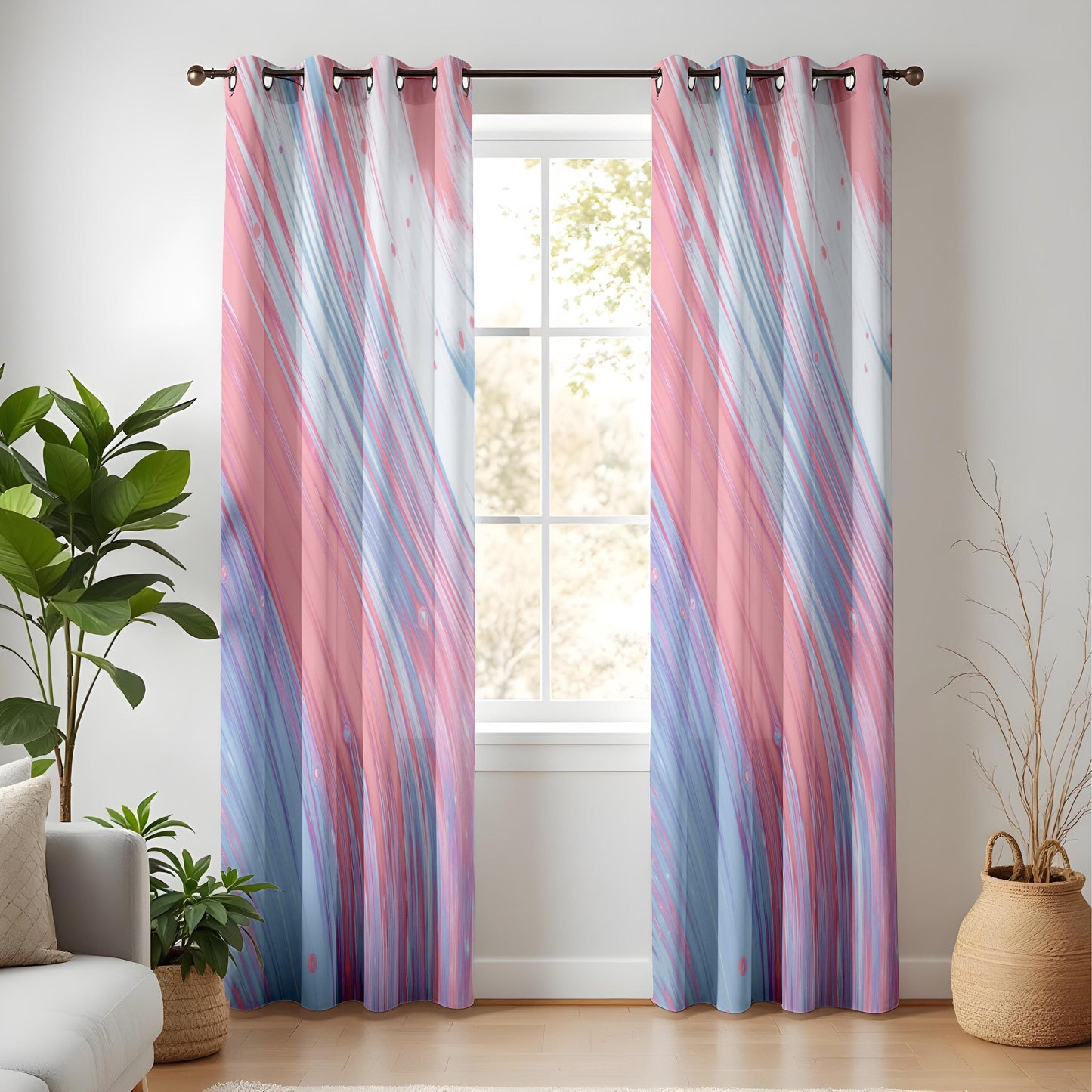 Pastel Abstract Curtains for Living Room, Pink Blue Swirl Window Drapes